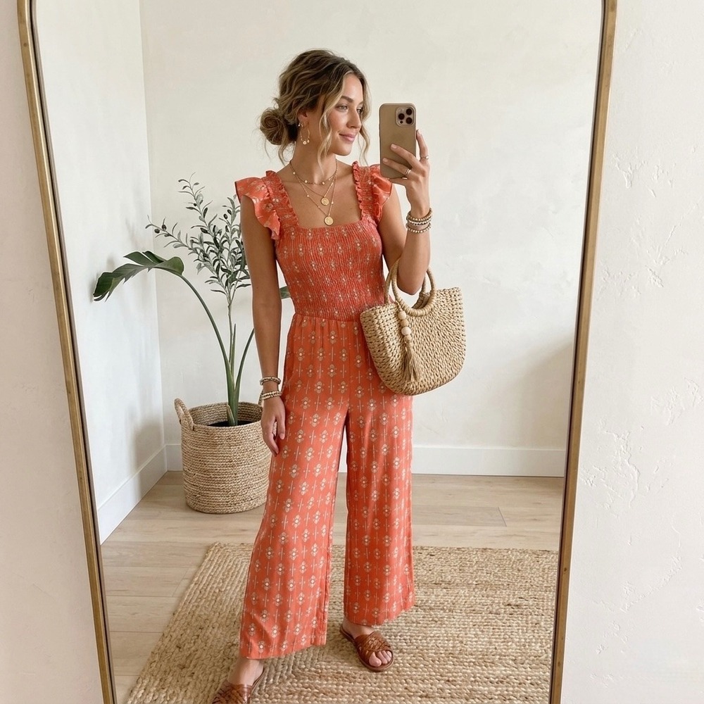 Michelle McDowell Smocked Jumpsuit S Orange Ruffle Sleeve Geometric‎ Resort Boho